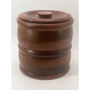 Kustom Kraft Stacked Black Walnut Ice Bucket MCM VTG Barrel Liner Lid Bar Ware